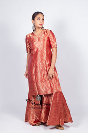 Red Pure Katan Silk Brocade Kurta with Sharara - The Handlooms