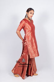 Red Pure Katan Silk Brocade Kurta with Sharara - The Handlooms