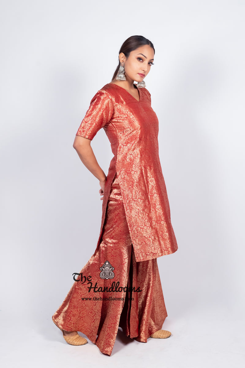 Red Pure Katan Silk Brocade Kurta with Sharara - The Handlooms