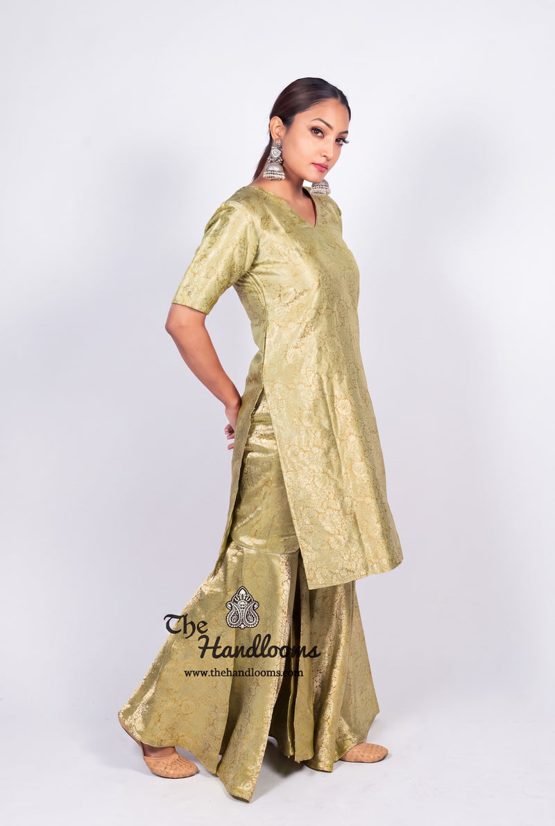 Pista Pure Katan Silk Brocade Kurta with Sharara