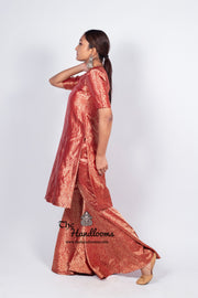 Red Pure Katan Silk Brocade Kurta with Sharara - The Handlooms