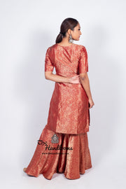 Red Pure Katan Silk Brocade Kurta with Sharara - The Handlooms
