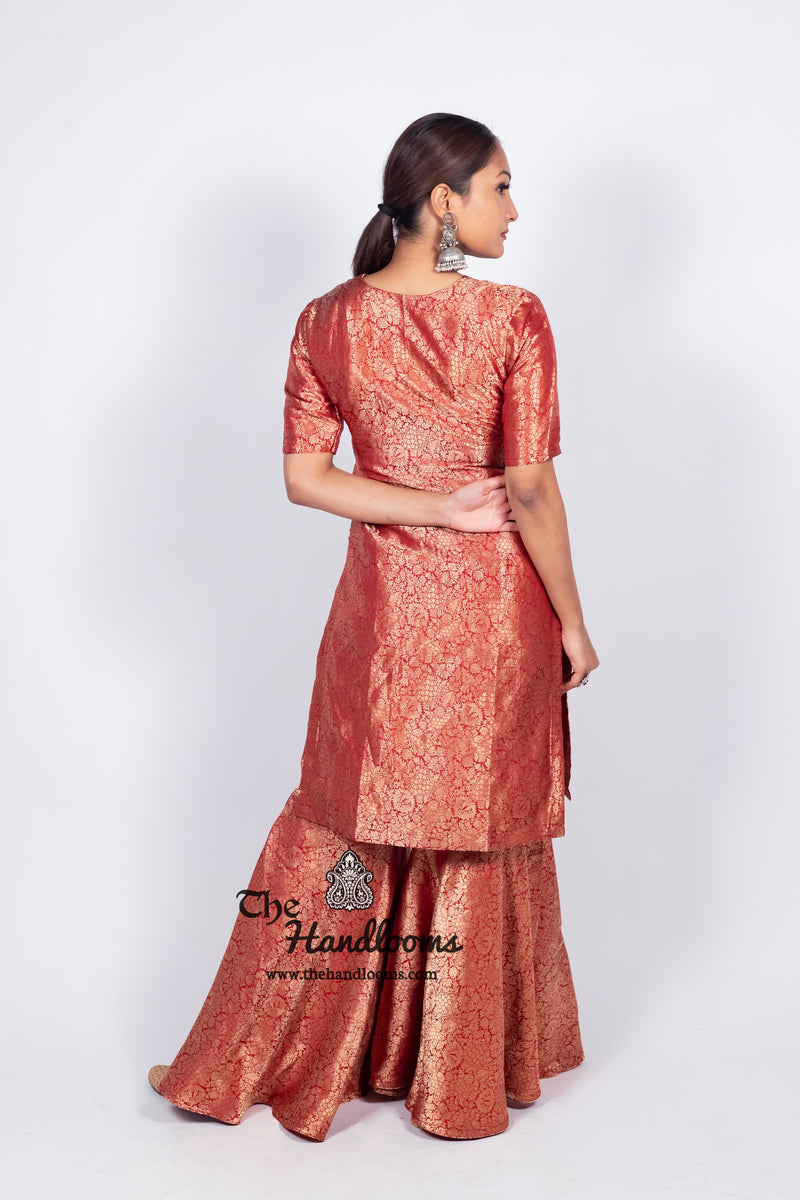 Red Pure Katan Silk Brocade Kurta with Sharara - The Handlooms