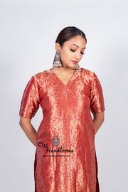Red Pure Katan Silk Brocade Kurta with Sharara - The Handlooms