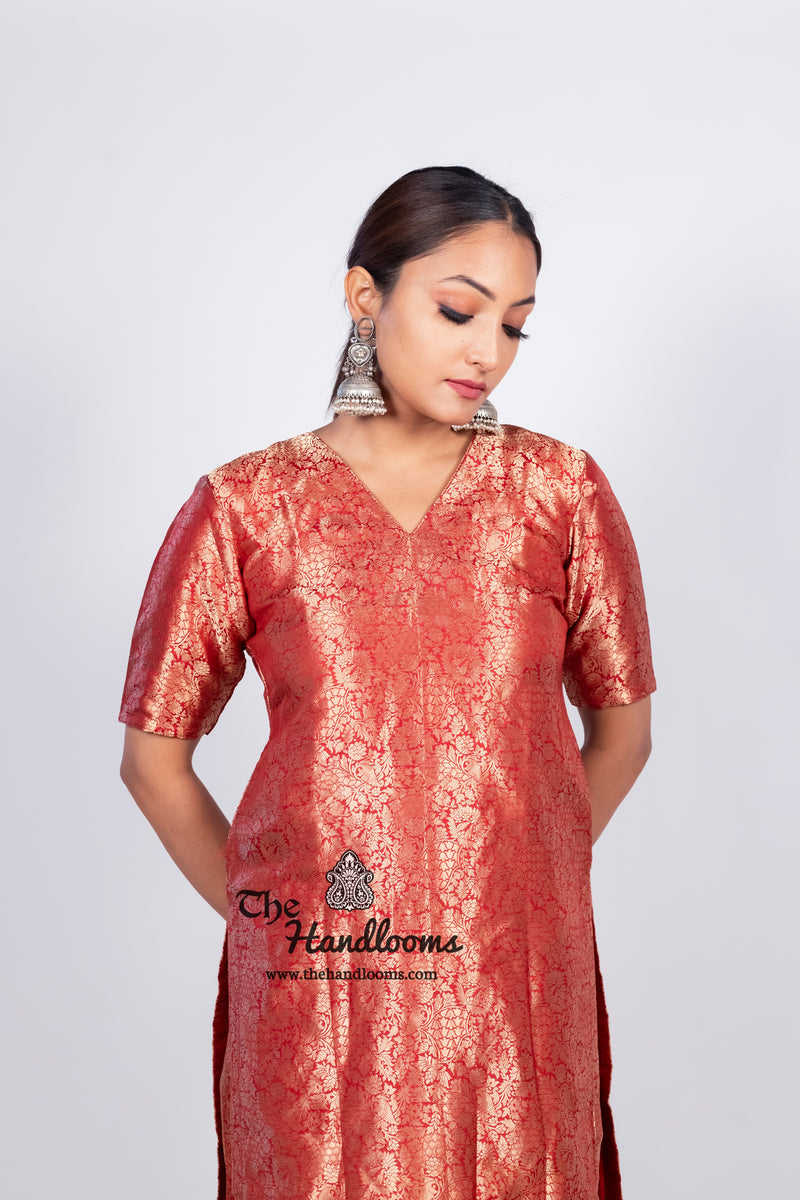 Red Pure Katan Silk Brocade Kurta with Sharara - The Handlooms
