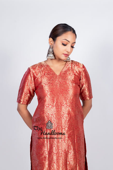 Red Pure Katan Silk Brocade Kurta with Sharara