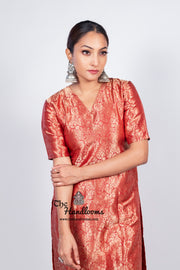 Red Pure Katan Silk Brocade Kurta with Sharara - The Handlooms