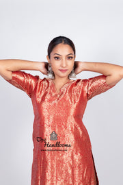 Red Pure Katan Silk Brocade Kurta with Sharara - The Handlooms