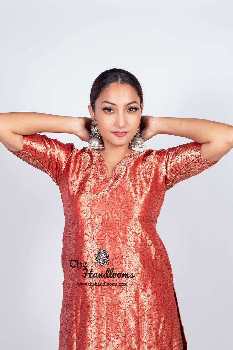 Red Pure Katan Silk Brocade Kurta with Sharara - The Handlooms