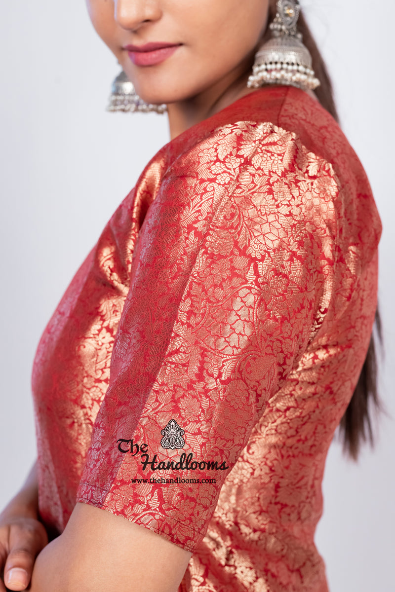 Red Pure Katan Silk Brocade Kurta with Sharara - The Handlooms