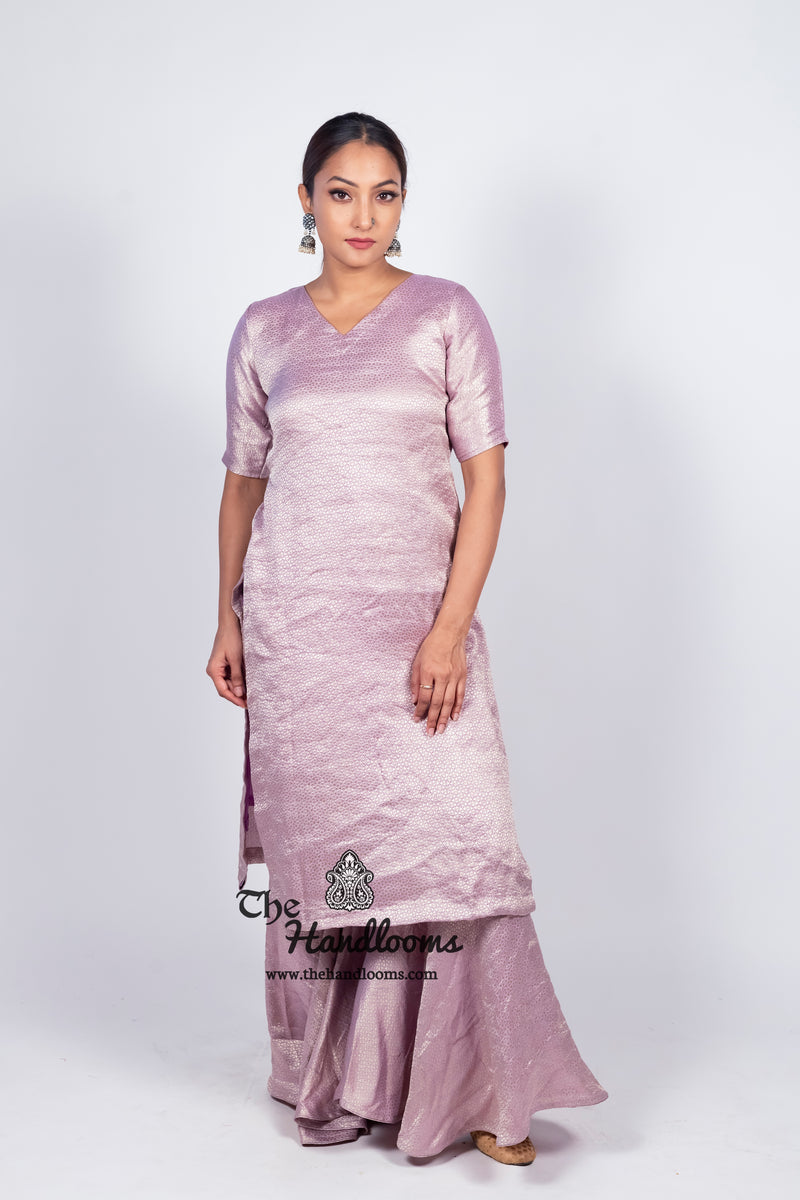 Lilac Pure Khaddi Georgette Brocade Kurta with Sharara - The Handlooms
