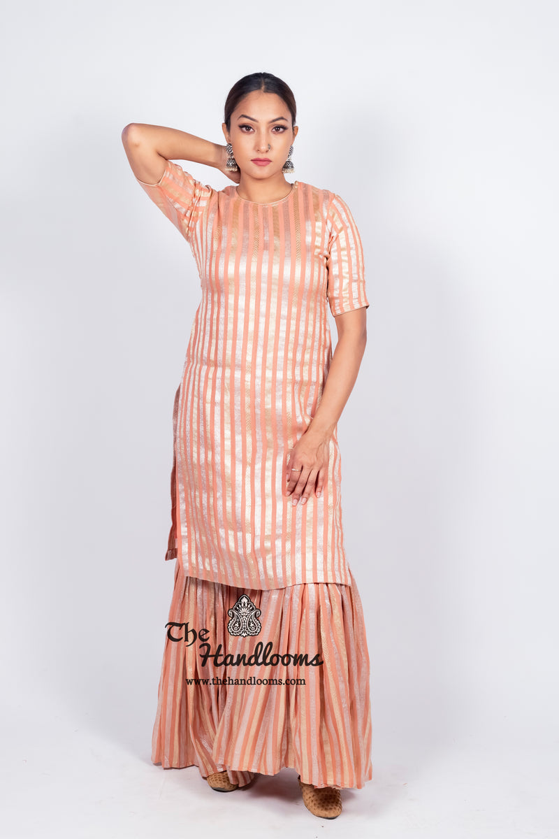 Peach Pure Khaddi Georgette Brocade Kurta with Sharara - The Handlooms