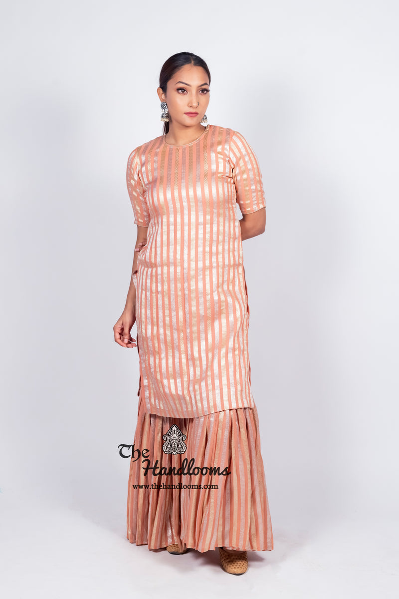 Peach Pure Khaddi Georgette Brocade Kurta with Sharara - The Handlooms