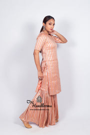 Peach Pure Khaddi Georgette Brocade Kurta with Sharara - The Handlooms