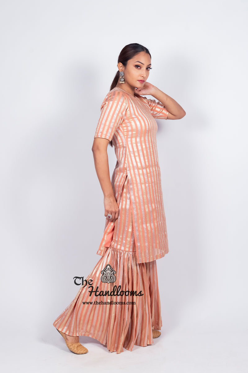 Peach Pure Khaddi Georgette Brocade Kurta with Sharara - The Handlooms