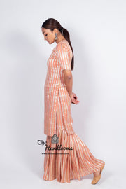Peach Pure Khaddi Georgette Brocade Kurta with Sharara - The Handlooms