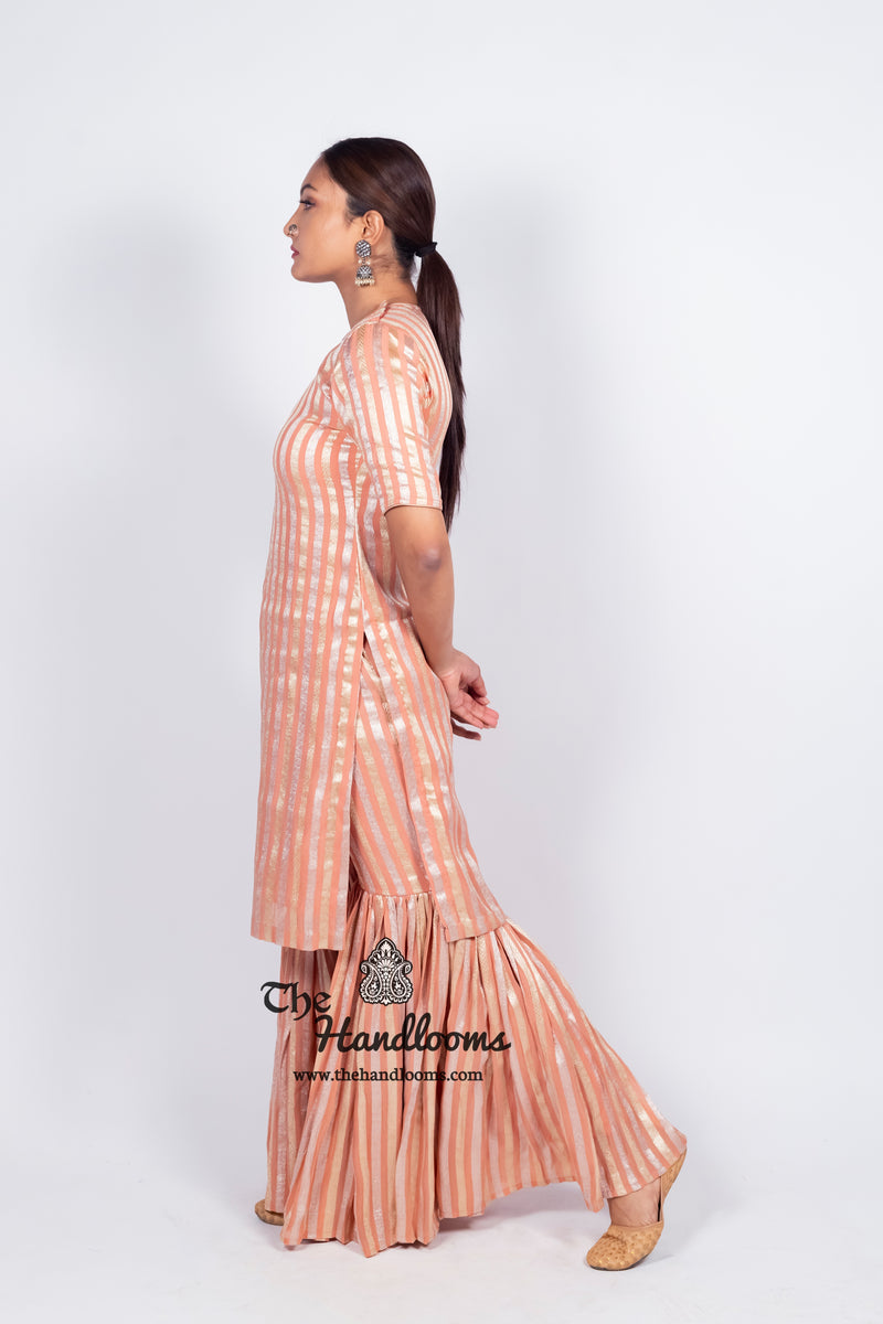 Peach Pure Khaddi Georgette Brocade Kurta with Sharara - The Handlooms