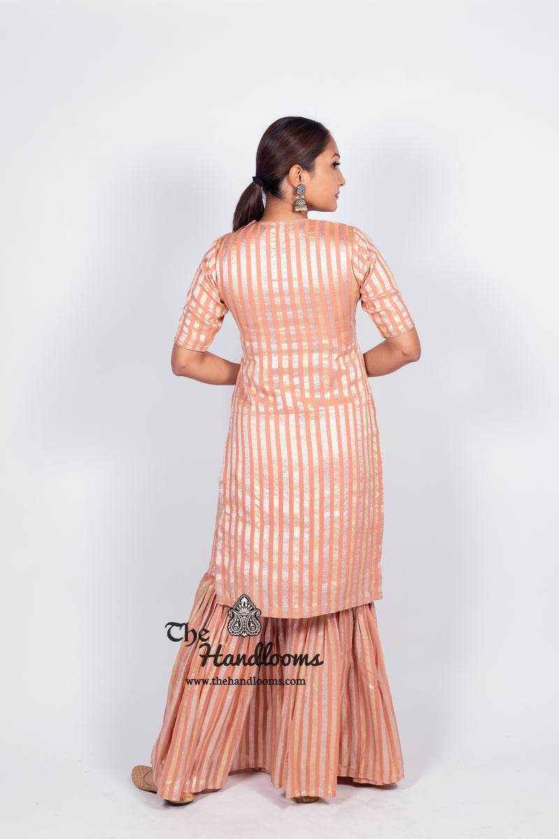 Peach Pure Khaddi Georgette Brocade Kurta with Sharara - The Handlooms