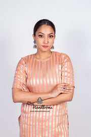 Peach Pure Khaddi Georgette Brocade Kurta with Sharara - The Handlooms