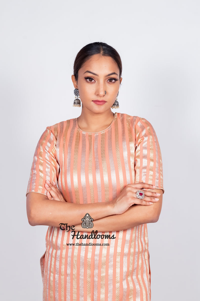 Peach Pure Khaddi Georgette Brocade Kurta with Sharara - The Handlooms