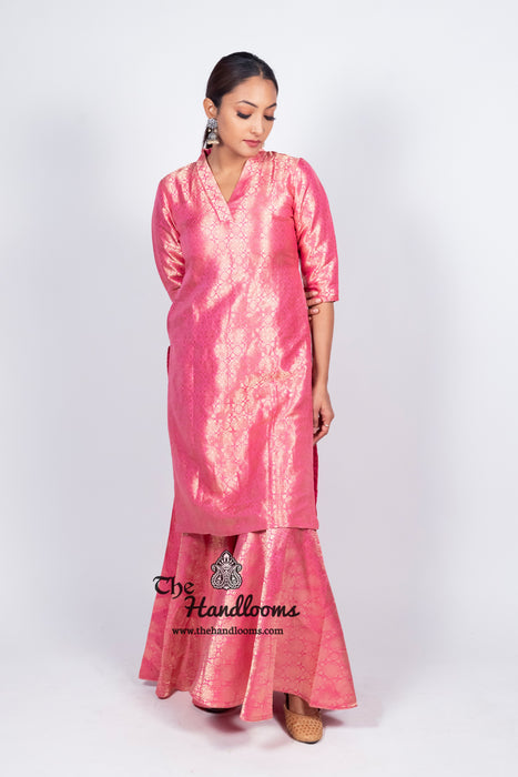 Pink Pure Katan Silk Brocade Kurta with Sharara