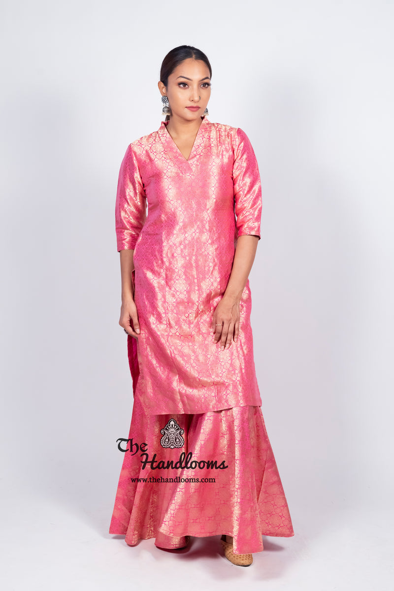 Pink Pure Katan Silk Brocade Kurta with Sharara - The Handlooms