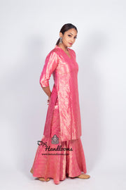 Pink Pure Katan Silk Brocade Kurta with Sharara - The Handlooms