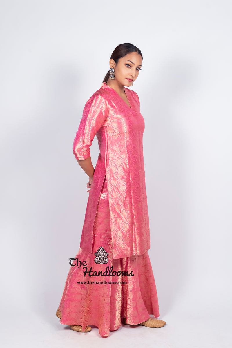 Pink Pure Katan Silk Brocade Kurta with Sharara - The Handlooms
