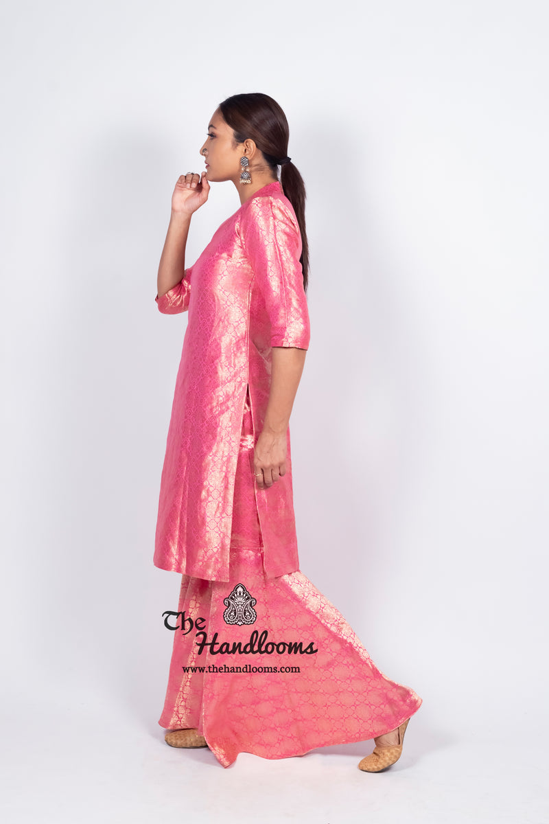 Pink Pure Katan Silk Brocade Kurta with Sharara - The Handlooms