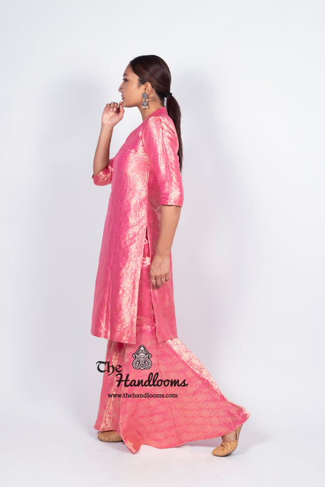 Pink Pure Katan Silk Brocade Kurta with Sharara