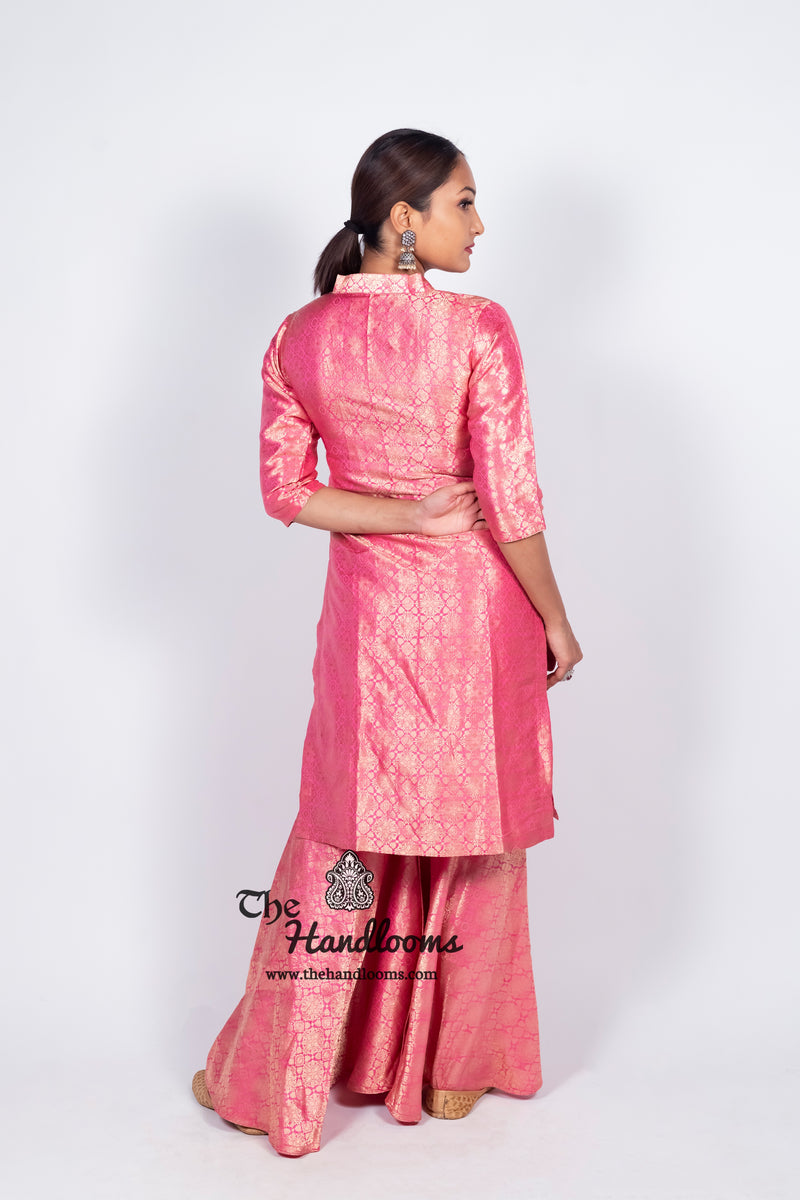 Pink Pure Katan Silk Brocade Kurta with Sharara - The Handlooms