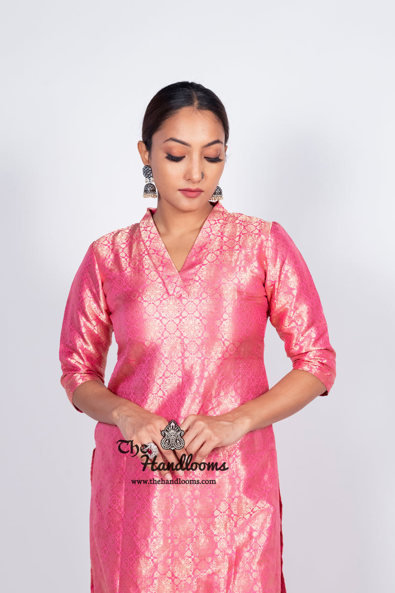 Pink Pure Katan Silk Brocade Kurta with Sharara - The Handlooms