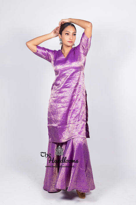 Purple Pure Katan Silk Brocade Kurta with Sharara