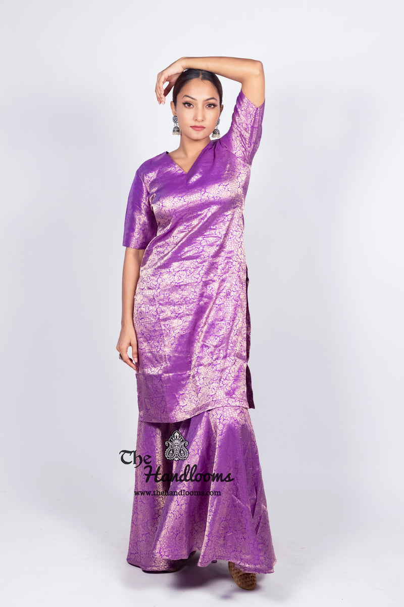 Purple Pure Katan Silk Brocade Kurta with Sharara - The Handlooms