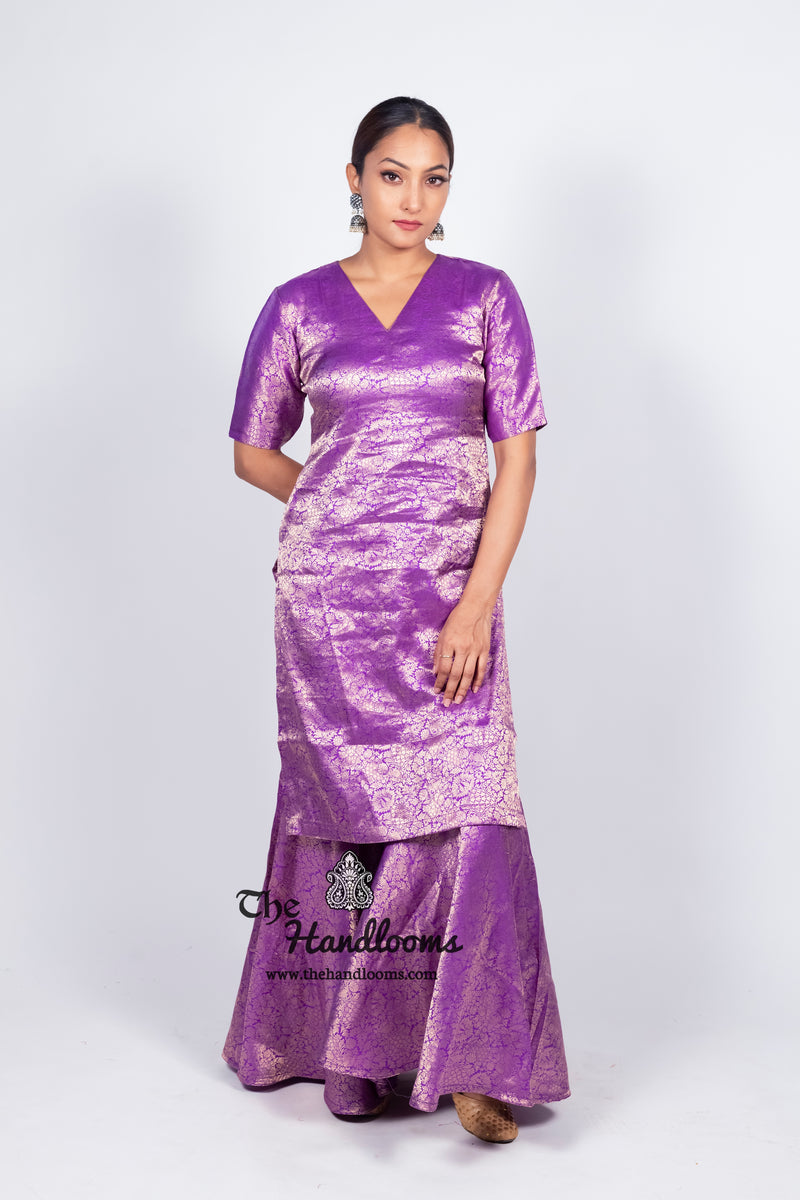 Purple Pure Katan Silk Brocade Kurta with Sharara - The Handlooms