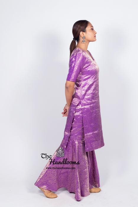 Purple Pure Katan Silk Brocade Kurta with Sharara