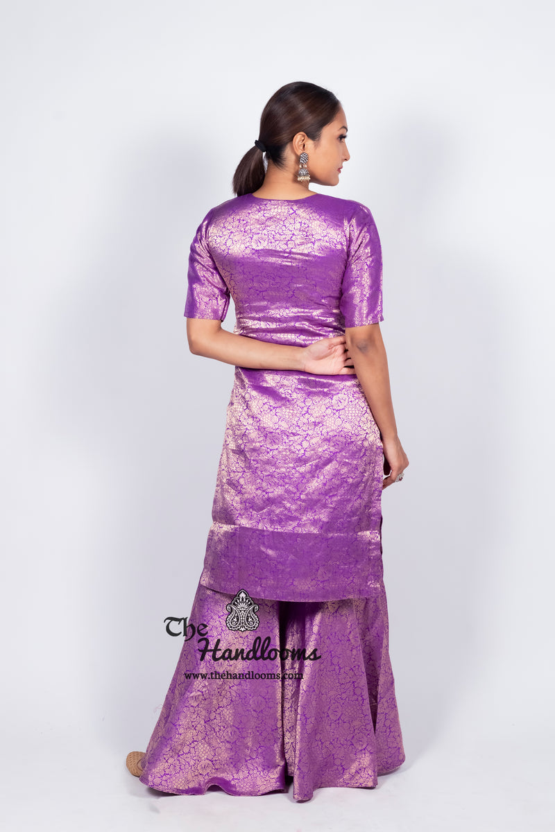Purple Pure Katan Silk Brocade Kurta with Sharara - The Handlooms