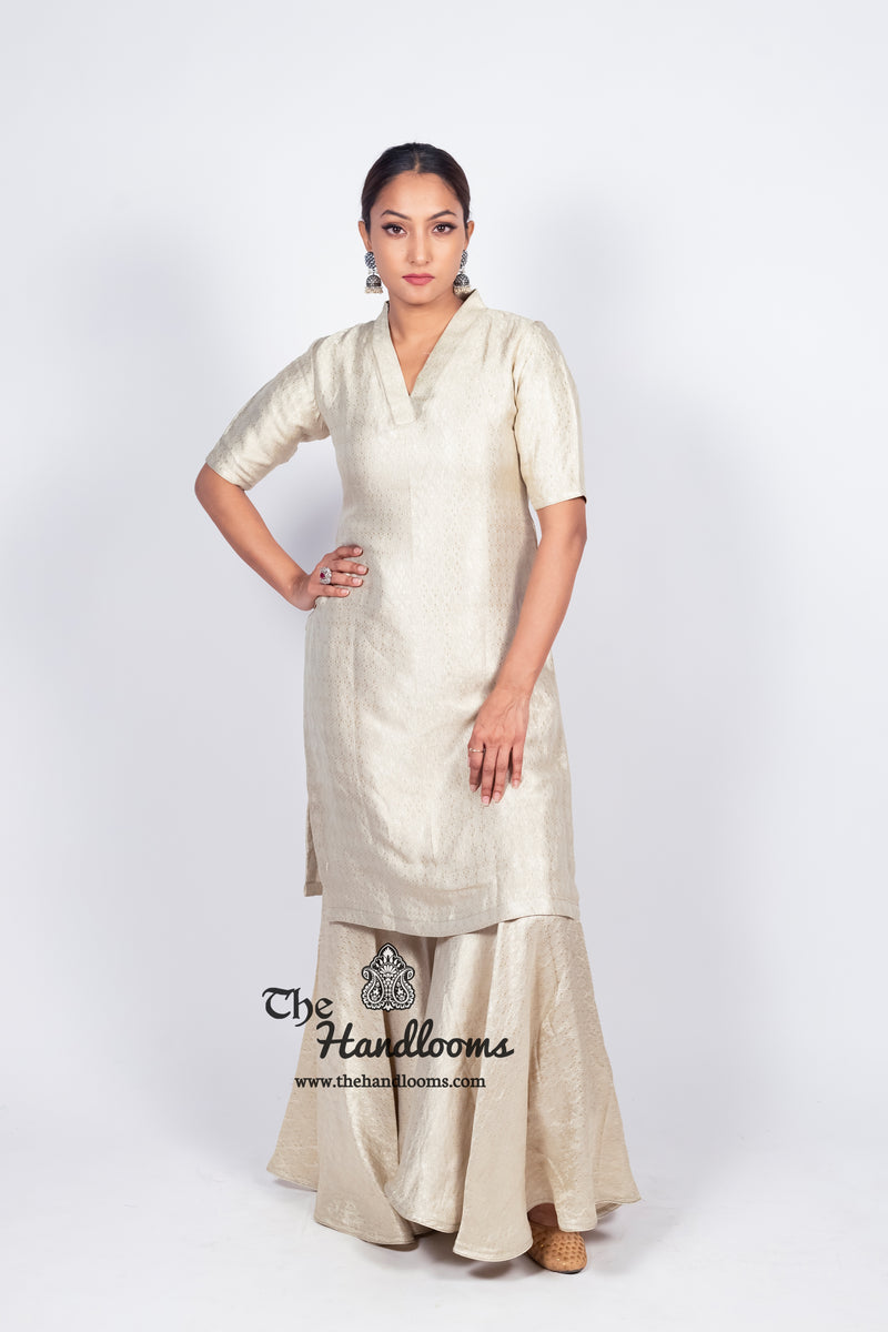 Ivory Pure Khaddi Georgette Brocade Kurta with Sharara - The Handlooms