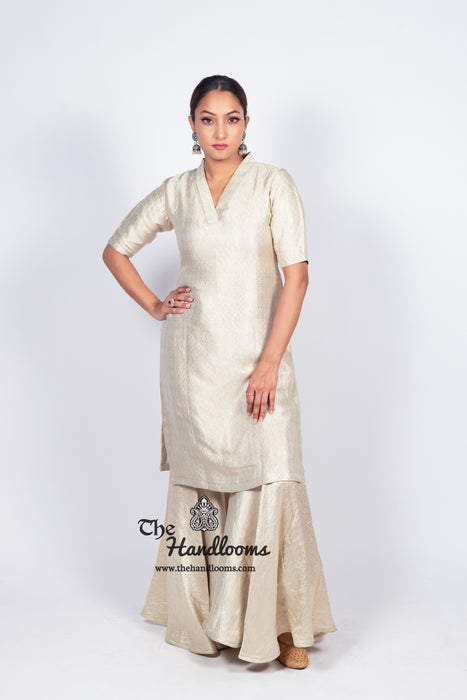 Ivory Pure Khaddi Georgette Brocade Kurta with Sharara