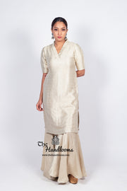 Ivory Pure Khaddi Georgette Brocade Kurta with Sharara - The Handlooms