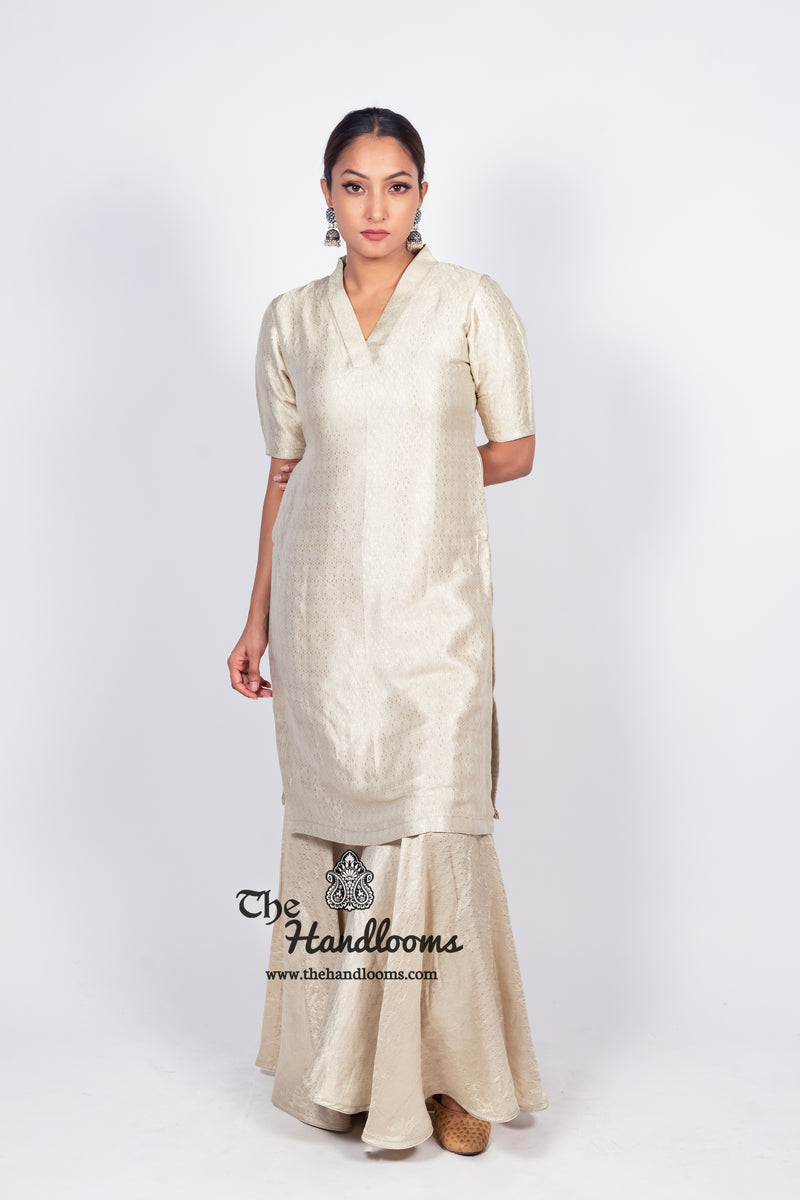 Ivory Pure Khaddi Georgette Brocade Kurta with Sharara - The Handlooms