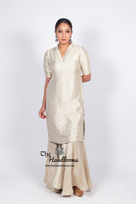 Ivory Pure Khaddi Georgette Brocade Kurta with Sharara