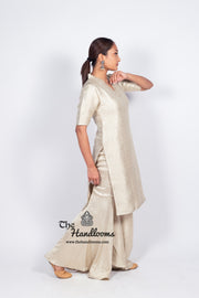 Ivory Pure Khaddi Georgette Brocade Kurta with Sharara - The Handlooms