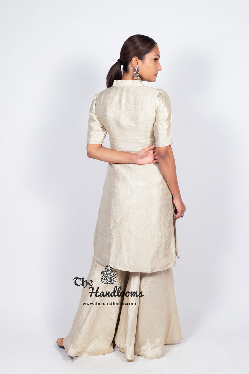 Ivory Pure Khaddi Georgette Brocade Kurta with Sharara - The Handlooms