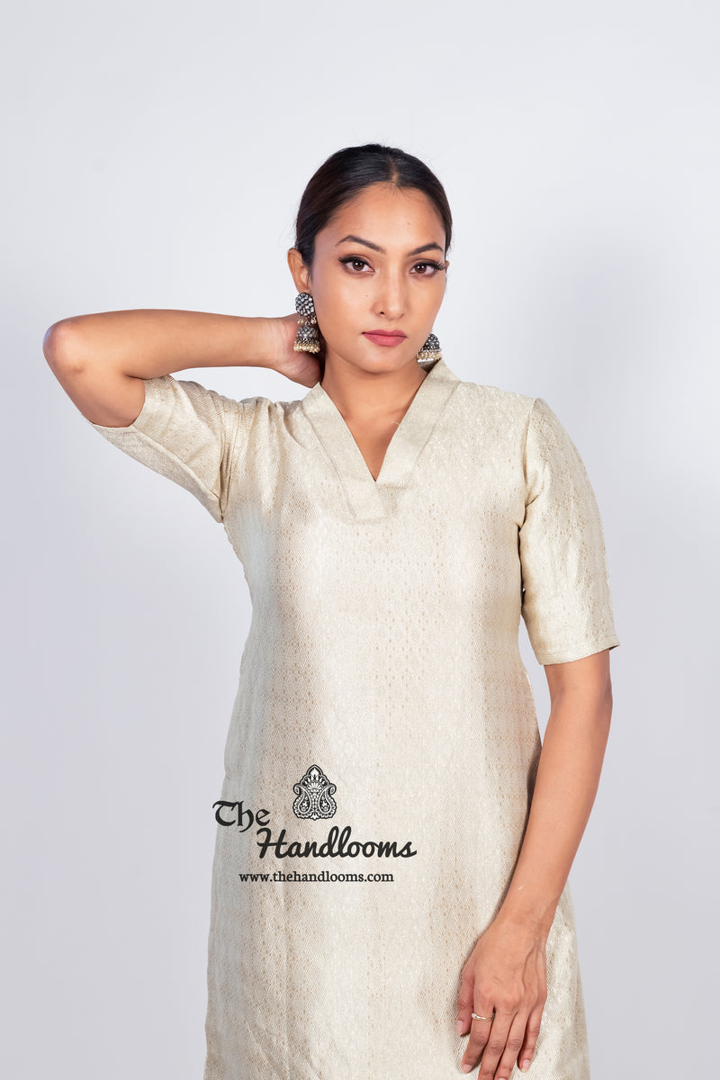 Ivory Pure Khaddi Georgette Brocade Kurta with Sharara - The Handlooms