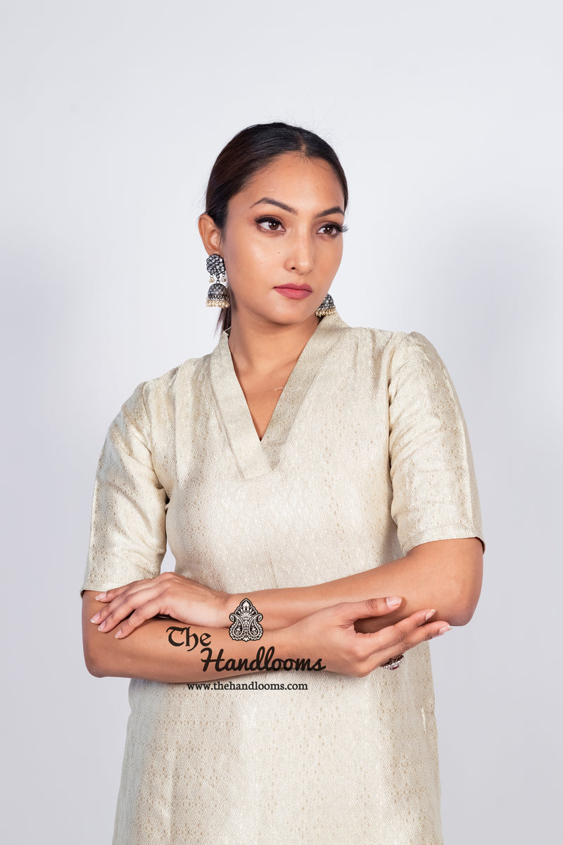 Ivory Pure Khaddi Georgette Brocade Kurta with Sharara - The Handlooms