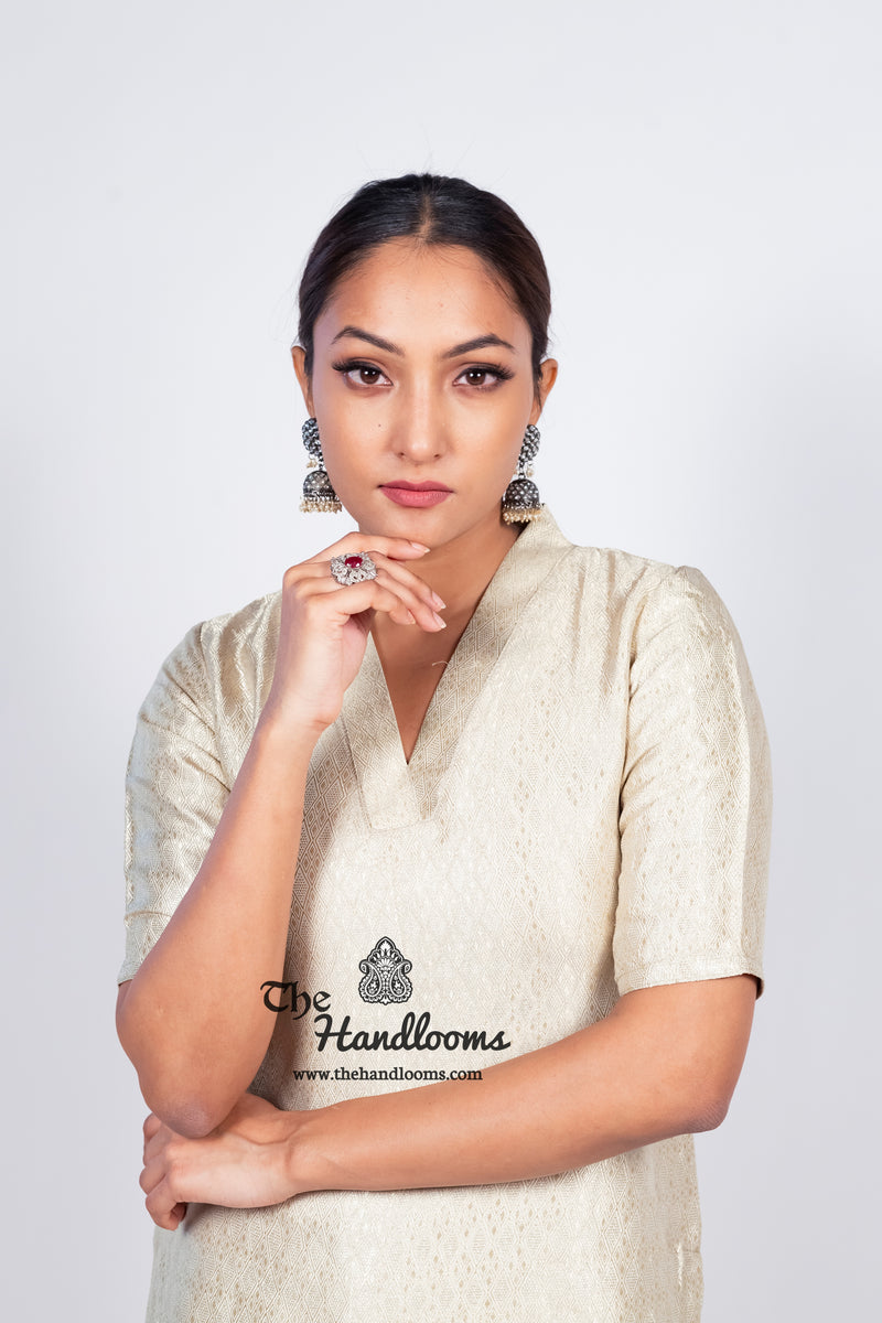 Ivory Pure Khaddi Georgette Brocade Kurta with Sharara - The Handlooms