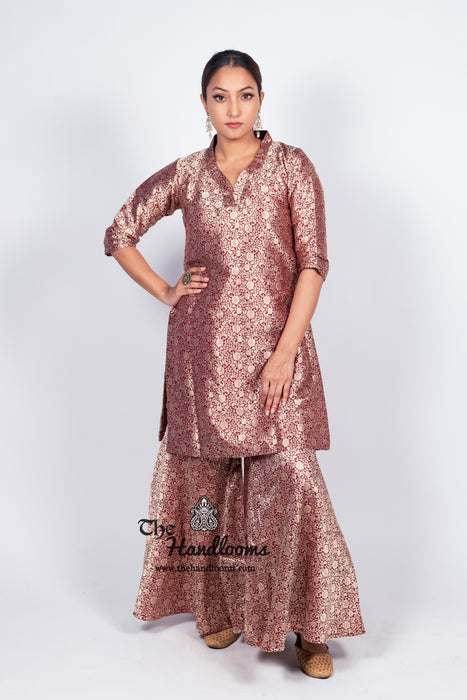 Maroon Pure Katan Silk Brocade Kurta with Sharara