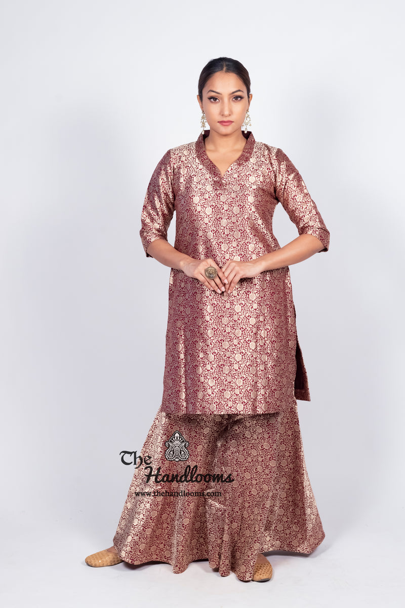 Maroon Pure Katan Silk Brocade Kurta with Sharara - The Handlooms