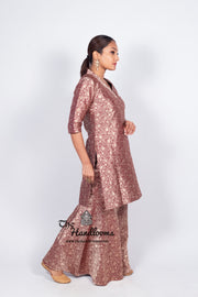 Maroon Pure Katan Silk Brocade Kurta with Sharara - The Handlooms